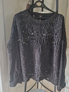 Free People Black Openwork Scoopneck Crochet Sweater